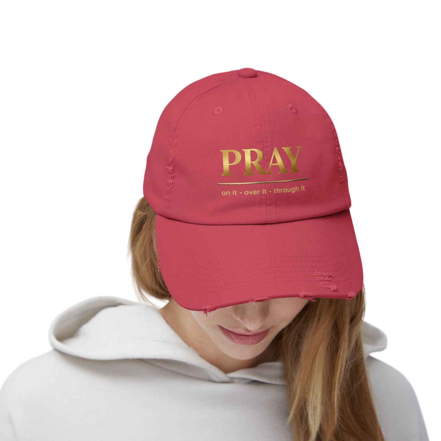 Color Prazz Pray Distressed Baseball Cap — Gold Foil Inspirational Hat