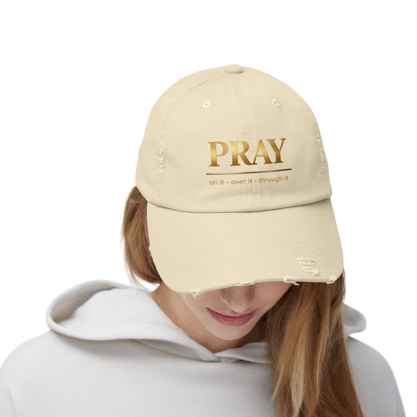 Color Prazz Pray Distressed Baseball Cap — Gold Foil Inspirational Hat