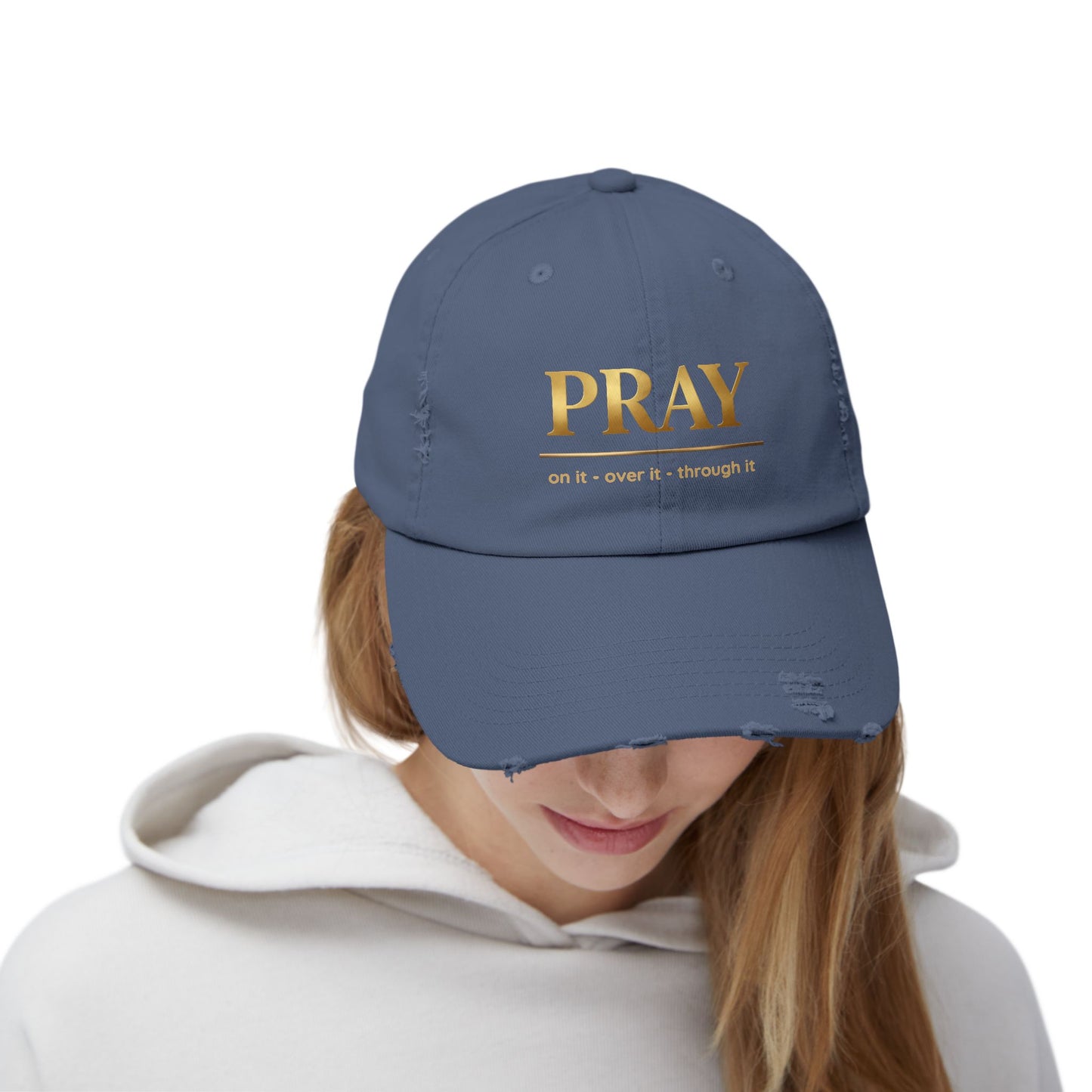 Color Prazz Pray Distressed Baseball Cap — Gold Foil Inspirational Hat