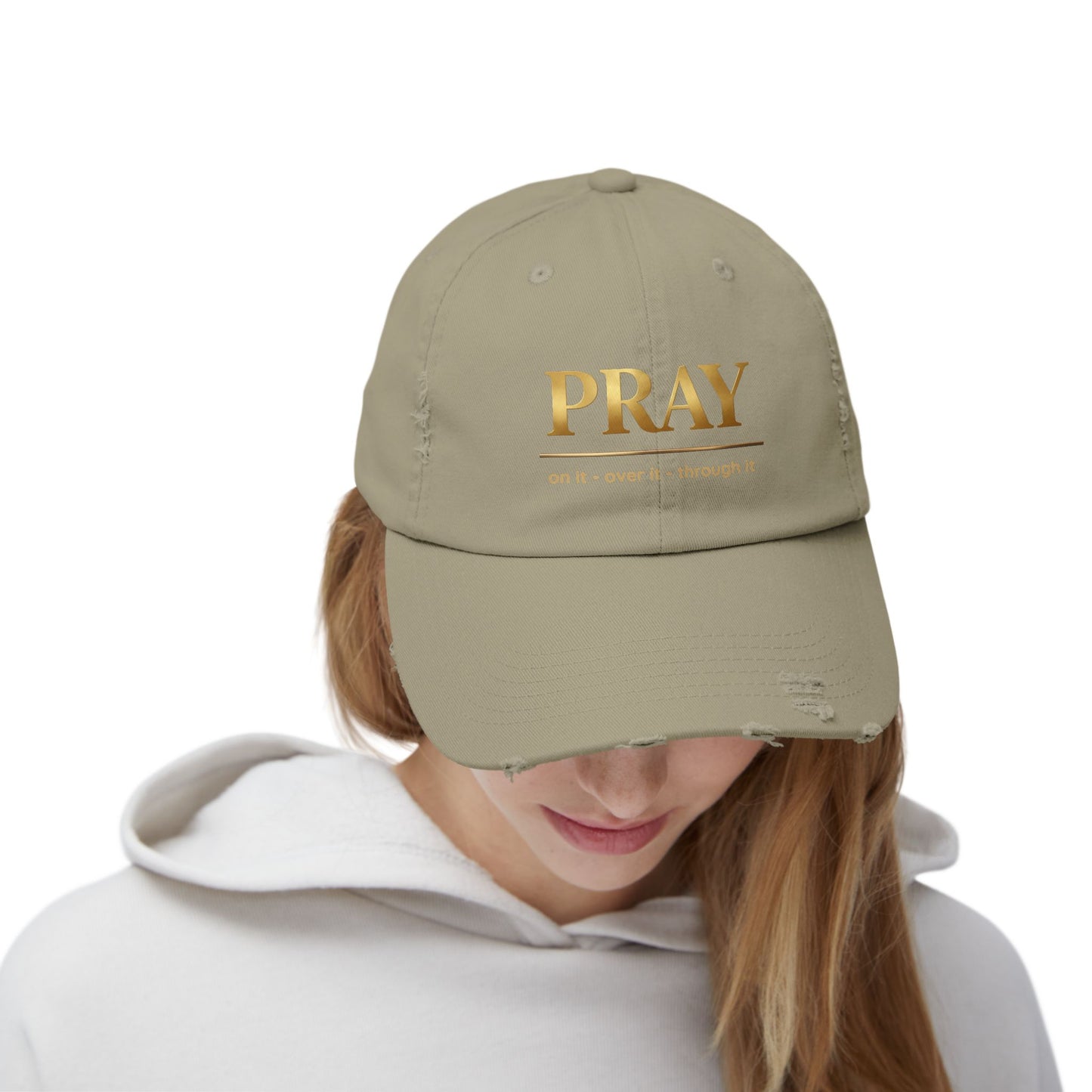 Color Prazz Pray Distressed Baseball Cap — Gold Foil Inspirational Hat