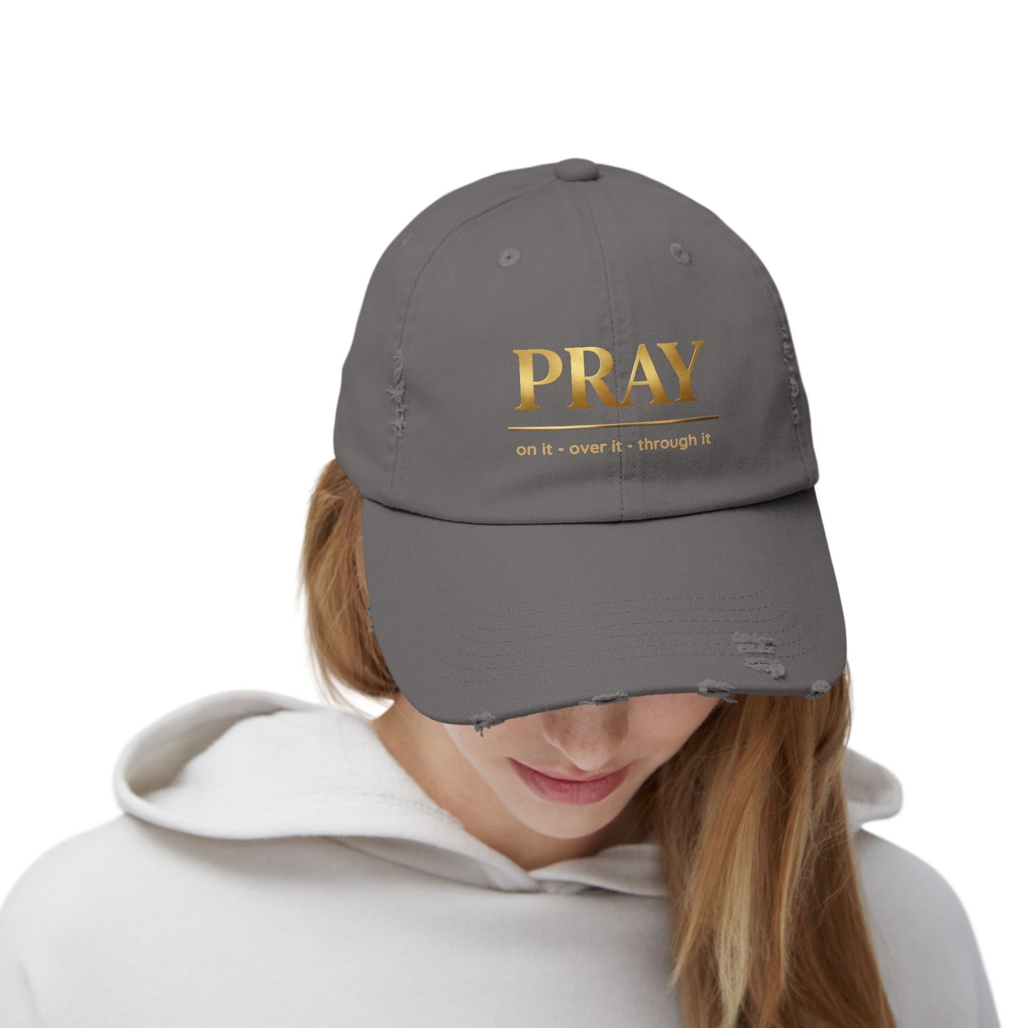 Color Prazz Pray Distressed Baseball Cap — Gold Foil Inspirational Hat