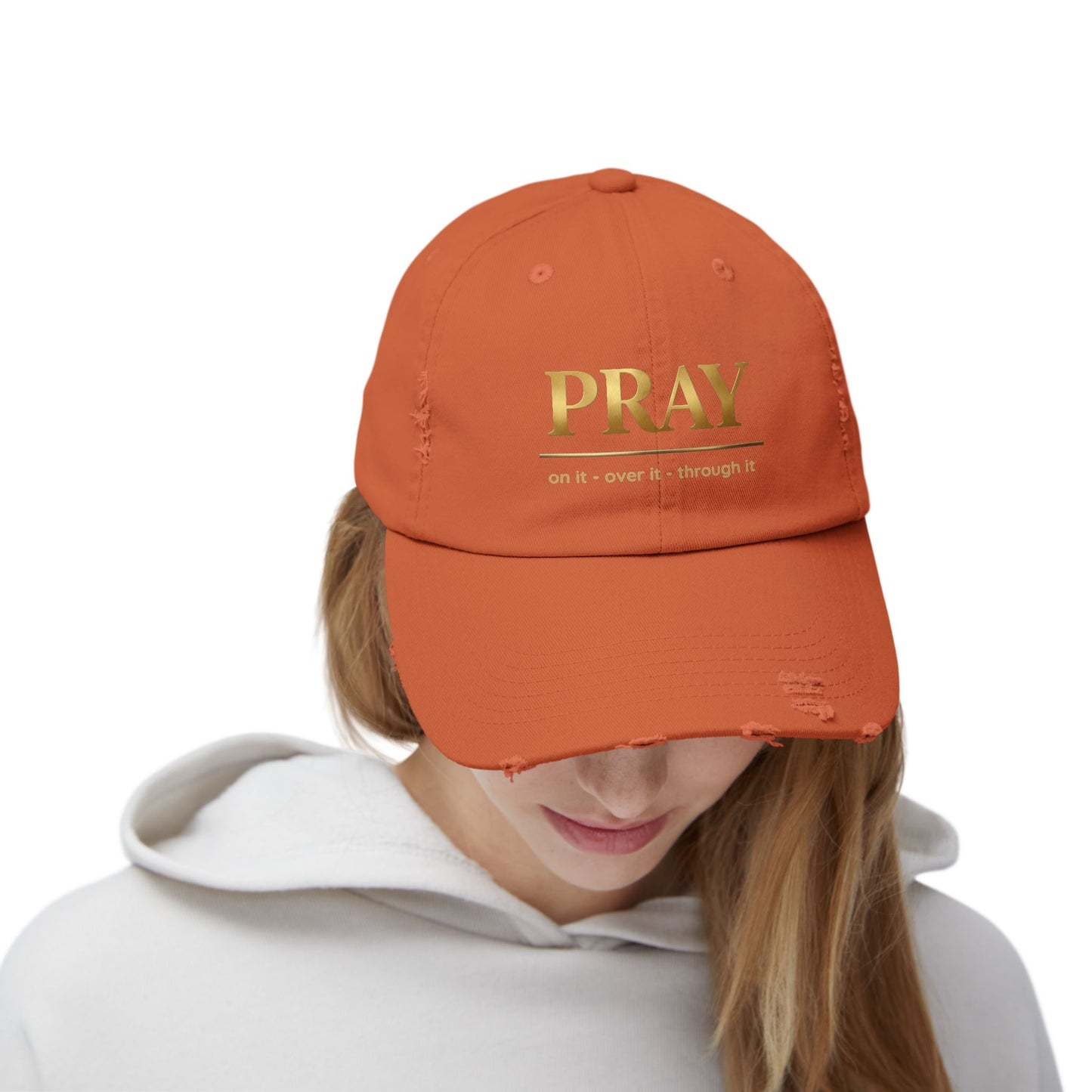 Color Prazz Pray Distressed Baseball Cap — Gold Foil Inspirational Hat