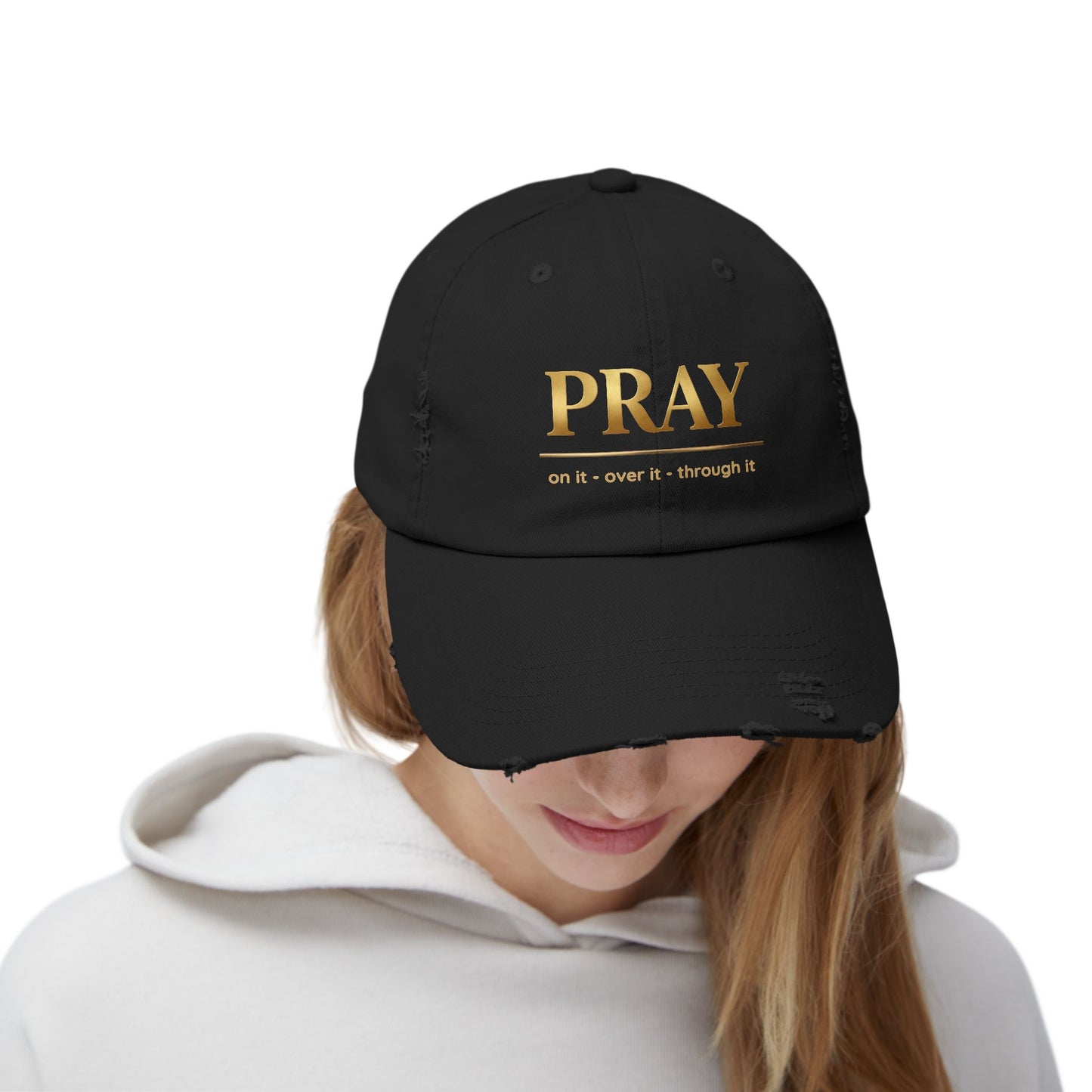 Color Prazz Pray Distressed Baseball Cap — Gold Foil Inspirational Hat